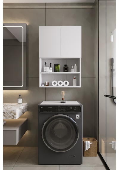 Deniz Modern Banyo Dolabı 2 Kapaklı Raflı Düzenleyici Çok Amaçlı Beyaz
