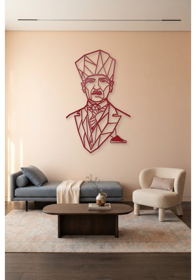 Atatürk Çizgi Metal Duvar Tablosu - Duvar Sanatı - Duvar Dekoru - Kırmızı