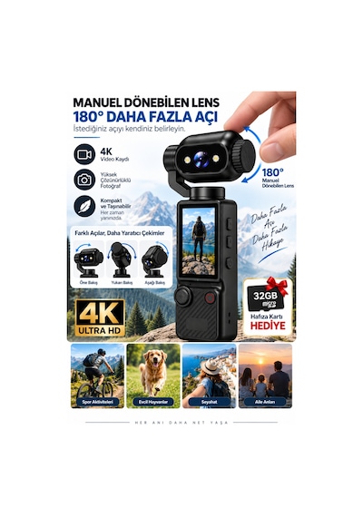 4k Ultra Hd Aksiyon Kamerası 180 Dönen Lens Spor Seyahat Vlog Ve Günlük Kullanım Kamerası Siyah