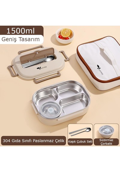 Valkyrie 1500 Ml Termal Yemek Kutusu 304 Paslanmaz Çelik Sızdırmaz Isı Yalıtımlı Çantalı I Telefon Tutuculu Krem