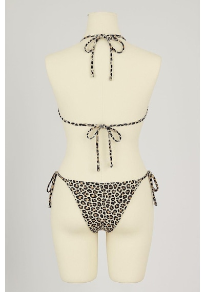 Kadın Siyah Ve Leopar Detaylı Yandan Bağlamalı Bikini Takımı