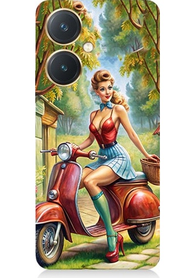 Vivo Y27 Uyumlu Güzel Kadın Ve Vespa Motosiklet Desenli Silikon Kılıf
