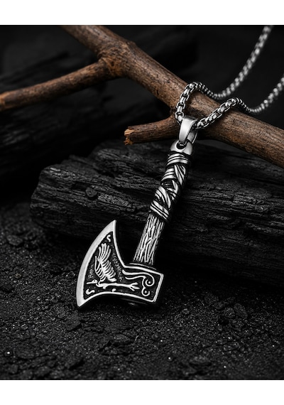 Paslanmaz Çelik Iskandinav Norse Gotik Tarz Viking Balta Erkek Kolye Antik Gümüş