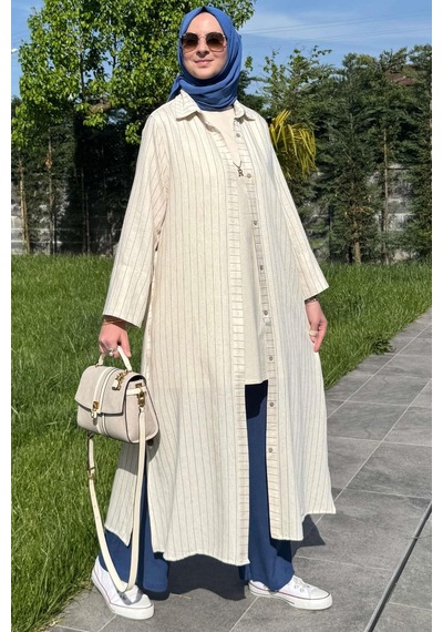 Rabia Şamlı Çizgili Natural Kap İndigo Normal