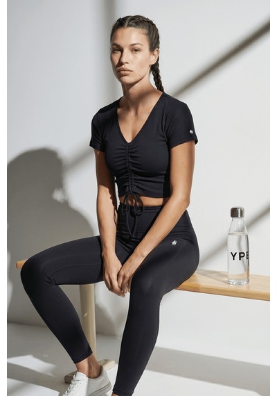 Woneagle Lacivert V Yaka İp Büzgülü Crop Basic Tişört Lacivert Lacivert