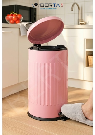 Vintage Krem Çöp Kovası Amortisörlü Kapak Çizgili Lüks Model 16lt Pembe