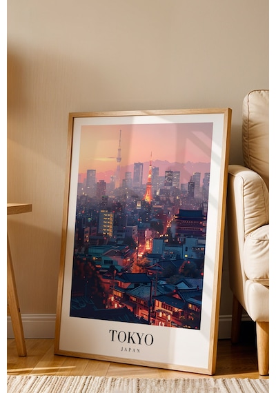 Tokyo Japan Vintage Seyahat Posteri Çerçeveli Tablo - Premium Gece Silüeti Elit Duvar Dekoru Kayın