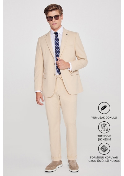 AC&Co / Altınyıldız Classics  Erkek Bej Slim Fit Dar Kesim Mono Yaka Beli Bağlamalı Kapak Cepli Esnek Takım Elbise Bej