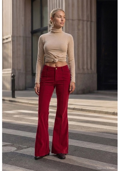 Kadın Bordo Flare Fit Pürüzsüz Dokulu Esnek Velvet Kadife Kumaş Pantolon