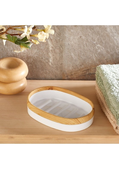 Bersachef Limpia Bambu Desenli 5'li Banyo Seti Çöp Kovası Sıvı Sabunluk Diş Fırçalık Kutusu Banyo Seti Beyaz