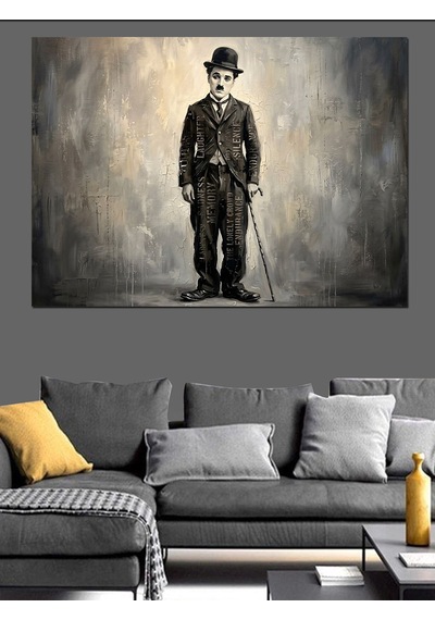 Charlie Chaplin Siyah Beyaz Portre Dekoratif Kanvas - Mdf Ahşap Tablo