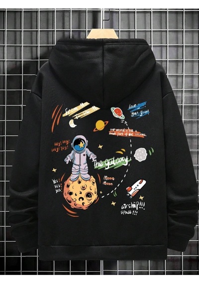 Altamira Erkek Siyah Sırt Uzay Baskılı Oversize Kapşonlu Sweatshirt 001
