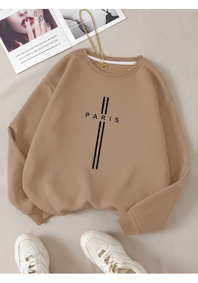 Startmore Bej Unisex Kadın/erkek Paris Özel Renkli Oversize Bisiklet Yaka Pamuklu