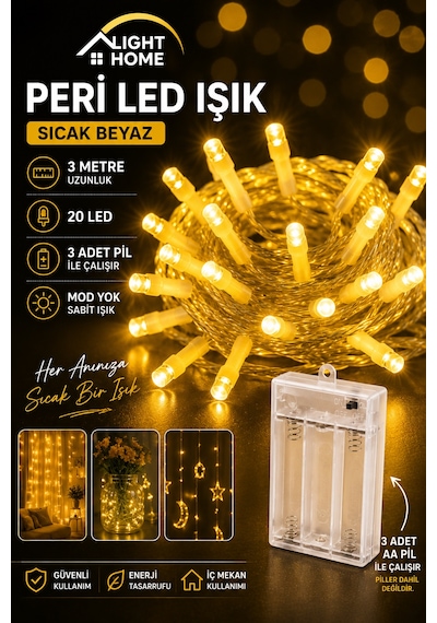 Kablolu Led Işık Zinciri Gün Işığı Dekoratif Led Aydınlatma Oda Duvar Yatak Odası Parti Yılbaşı Süsü 3 Metre 20 Led Sarı