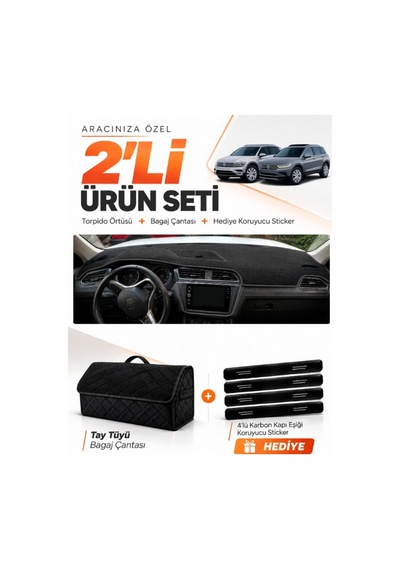E-biz Volkswagen Tiguan 2016-2023 Uyumlu Torpido Örtüsü + Tay Tüyü Bagaj Çantası - Siyah - Vw024