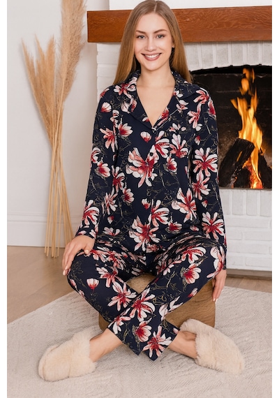 Remsa Büyük Beden Kadın Çiçek Desen Saphire Düğmeli Pijama Takımı 0503 Siyah06 Siyah06
