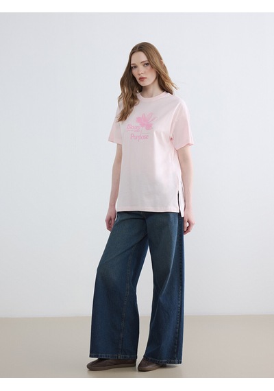 Lcw Modest Pembe Baskılı %100 Pamuklu Kadın Tişört