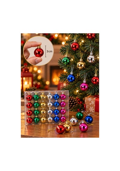 Yeni Yıla Özel 24 Parça Mini Yılbaşı Çam Ağacı Topları Karışık Renkli Noel Ağacı Süsü 24'lü Set 3 Cm Noel Süsü