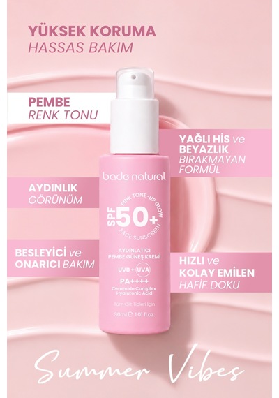 Bade Natural Aydınlatıcı Pembe Güneş Koruyucu Krem 50 Spf 30 Ml