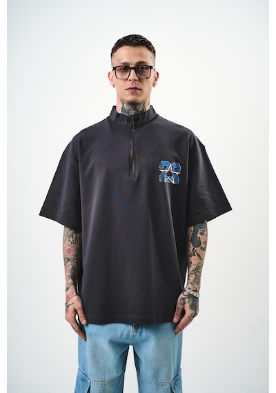 Respire Erkek 22 Baskılı Yarım Fermuarlı Oversize T-shirt Füme