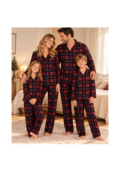Free Beka Ekose Desenli Kırmızı Uzun Kollu Önden Düğmeli Gömlek Yaka Aile Pijama Takımı Kombini Lacivert