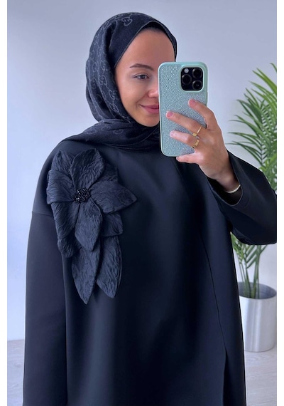 Kahijab Çiçekli Asimetrik Kesim Scuba Takım - Siyah Siyah