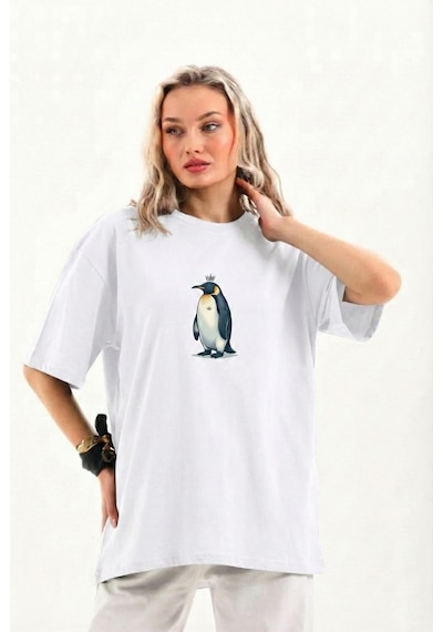 Kadın T-shirt Penguen Baskılı Bisiklet Yaka Kısa Kol Yazlık Tişört - Beyaz