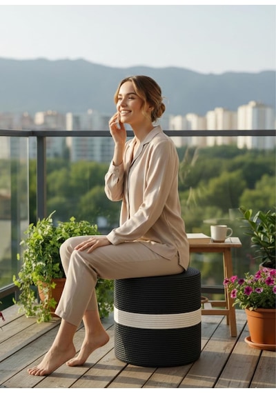 Natureline Jüt Puf Spa Pufu Antre Puf Makyaj Masası Ve Yatak Odası Banyo Pufu Teras Veranda Ve Balkon Uyumlu Hasır D Diğer