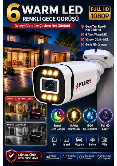 Fury 5mp Lens 1080p 6 Warm Led Renkli Gece Görüşlü Ip66 Dış Mekan Geniş Açılı Güvenlik Kamerası