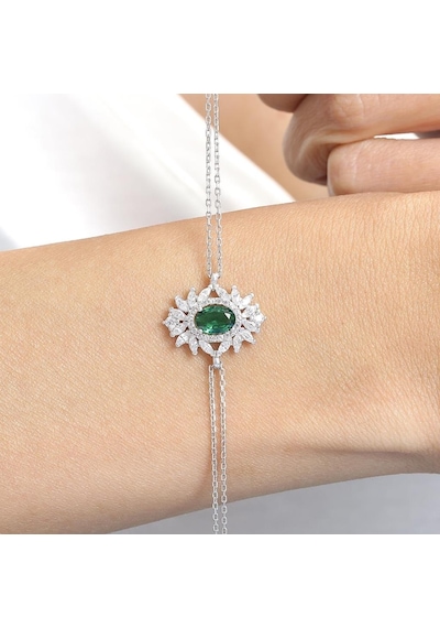 Effective Diamond Venedik Dansı Sentetik Zümrüt Taşlı Gümüş Bileklik