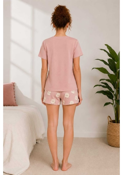 Pijamask Kadın Pudra Pembe Baskılı Kısa Kollu Pijama Takımı Pembe