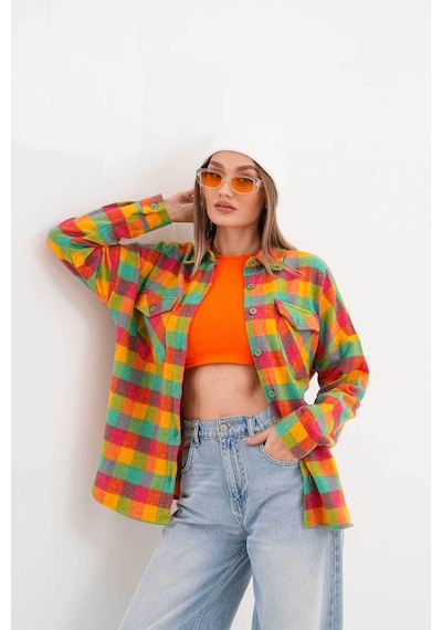 Polologin Butik Kadın Oduncu Rengarenk Cepli Spor Kesim Gömlek Çok Renkli