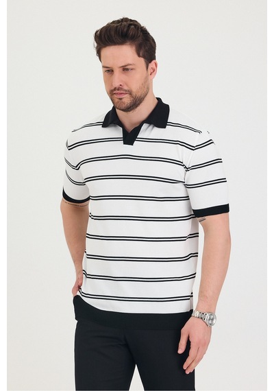 Cool Tarz Erkek Polo Yaka Beyaz Çift Çizgi Detaylı Siyah Triko T-shirt Beyaz Beyaz