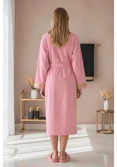 Premium %100 Pamuk Unisex Şalyaka Cepli Bornoz Seti 4 Parça Havlu Terlik Takımı Pembe Pembe