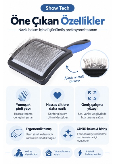 Showtech Universal Yumuşak Pinli Kedi Köpek Hassas Tarama Fırçası Büyük Boy