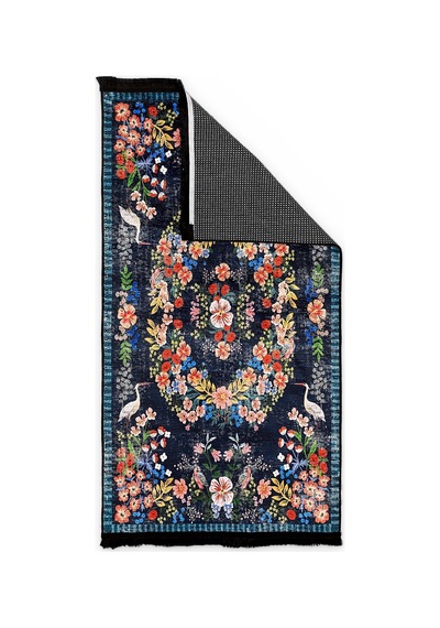 Lacivert Çiçekli Vintage Halı Kanaviçe Görünümlü Bambu Kumaş
