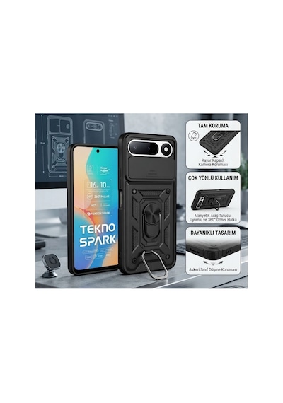 Tecno Spark 50 5g Uyumlu Tank Kılıf - Yüzüklü Extra Darbe Koruma Zırhlı Outdoor Kapak - Siyah