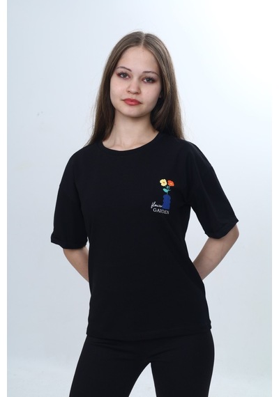 Toontoy Kids Toontoy Kız Çocuk Baskılı Bisiklet Yaka Düşük Omuz Kısa Kollu Tişört 24974 Siyah