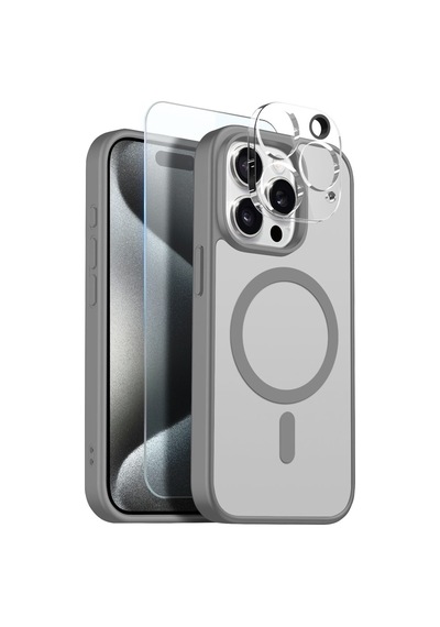 Teleplus Apple Uyumlu iPhone 15 Pro Max Kılıf Babet Translucent 3in1 Msafe Şarj Özellikli Kapak + Ekran Koruyucu Gri