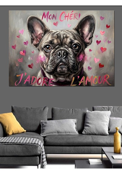 Kalpli Fransız Bulldog Köpeği Portresi Dekoratif Kanvas - Mdf Ahşap Tablo