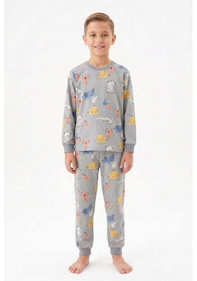 Bunny Hopp Erkek Çocuk Uzun Kollu Pijama Takımı %100 Pamuk Safari Hayvan Desenli Penye Gri