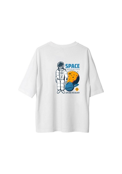 Paybuy Kadın Oversize Grafik Baskılı Tişört Uzay Teması Retro Astronot G Beyaz