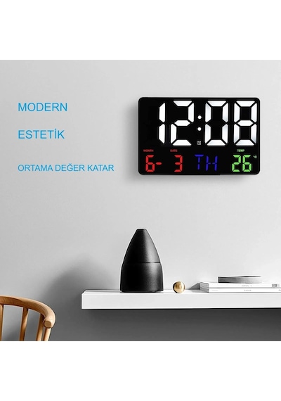 Dijital Duvar Saati Hd Led Ekran Tarih Gün Sıcaklık Alarm Usb Dekoratif 25x16cm Siyah