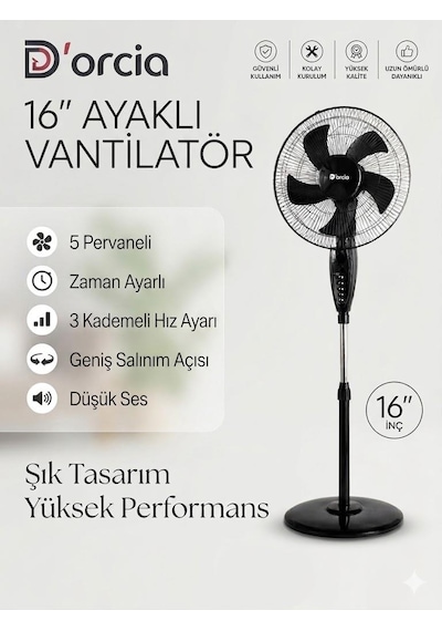 D'orcia Home 16 Inç Ayaklı Vantilatör 5 Pervaneli