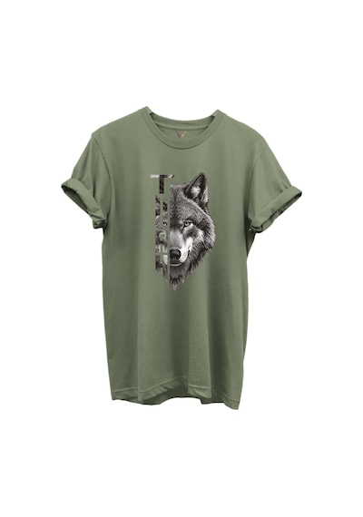 Yarı Kurt Yarısı Türk Yazı Tasarım Baskılı %100 Pamuk T-shirt Haki