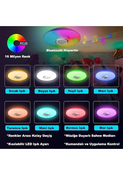Hymark Akıllı Tavan Smart Life Rgb Led Lamba Bluetooth Müzik 60w 220v Dekoratif Aydınlatma Çok Renkli