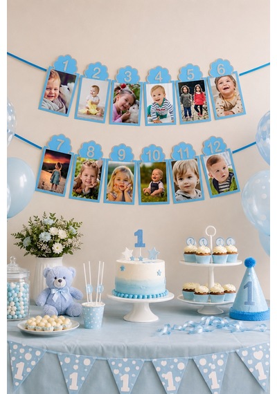 12 Aylık Fotoğraf Çerçevesi Mavi 200x23 Cm 1 Yaş Doğum Günü Parti Süsü Aylık Bebek Fotoğraf Seti Diğer