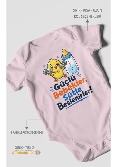 Morivokids Güçlü Bebekler Sütle Beslenir Kısa Kollu Bebek Body %100 Pamuk Bebe Pembe