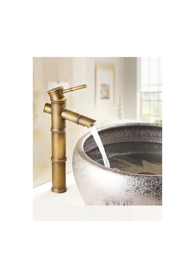 Rena Design Bambu Model Rustik Antik Lavabo Bataryası Banyo Çanak Musluğu Eskitme Lavabo Armatür Otantik Bakır Antik Eskitme Bakır Görünüm