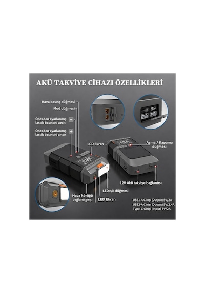 12000 Mah Akü Takviye Cihazı 150 Psi Lastik Şişirme Powerbank Led Işıklı Acil Durum Güç Kaynağı